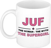 Juf the Woman, the myth, the supergirl cadeau koffiemok / theebeker 300 ml - verjaardag / bedankje - cadeau juf / lerares / onderwijzeres