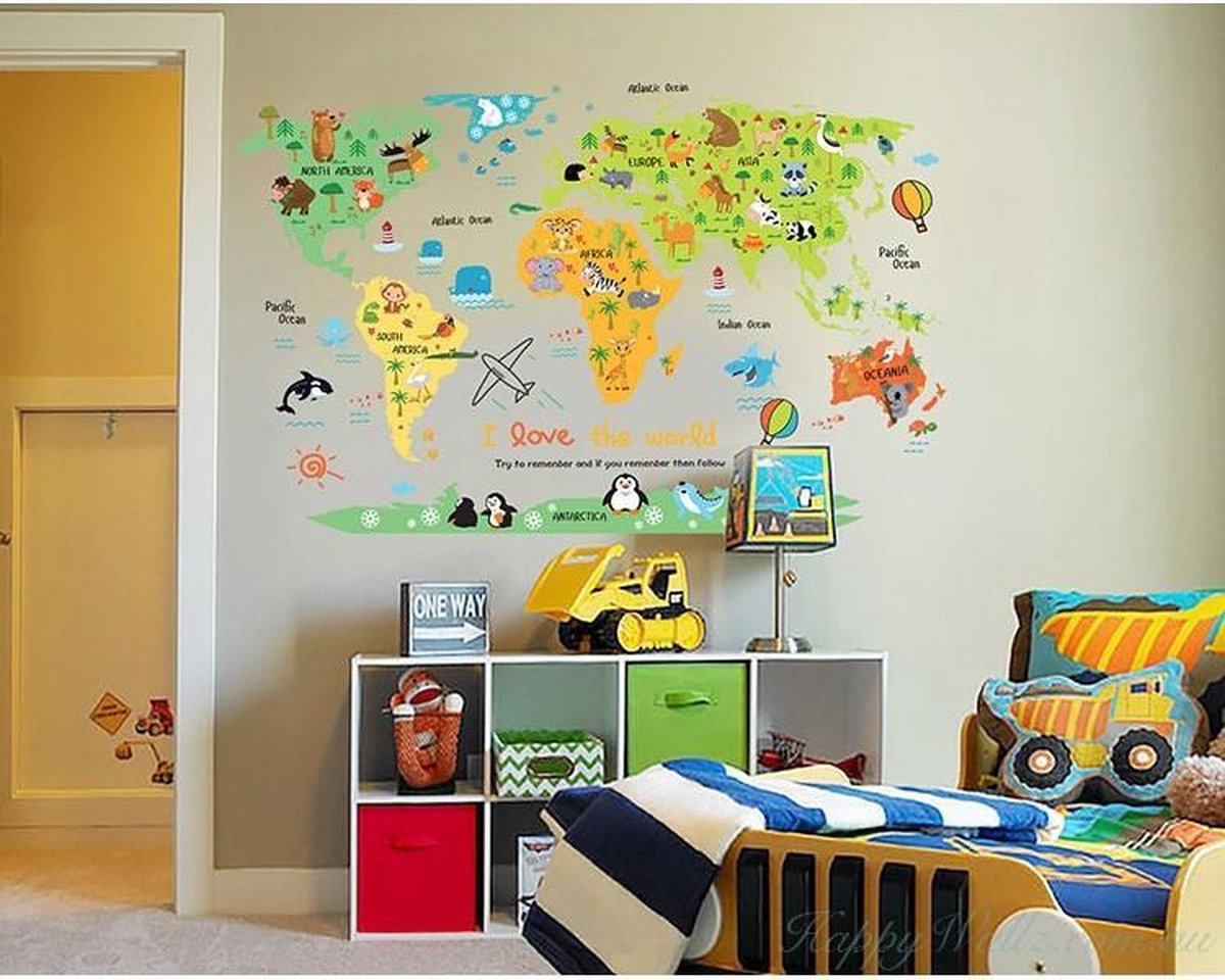 Muursticker Wereldkaart Met Dieren | Wanddecoratie | Muurdecoratie | Slaapkamer | Kinderkamer | Babykamer| Jongen | Meisje | Decoratie Sticker |
