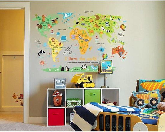 Muursticker Wereldkaart Met Dieren | Wanddecoratie | Muurdecoratie | Slaapkamer | Kinderkamer | Babykamer| Jongen | Meisje | Decoratie Sticker |