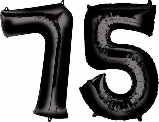 Folie ballon zwart XL cijfer 75  is + -  1 meter  groot inclusief een flamingo sleutelhanger