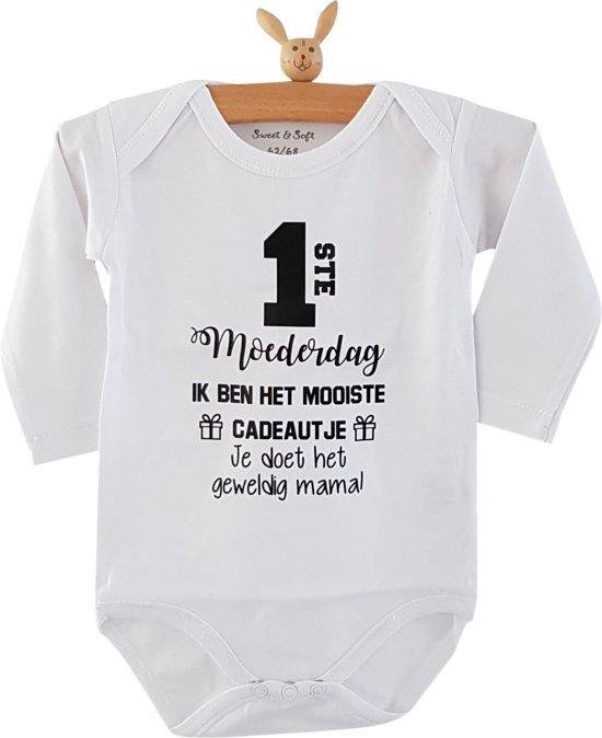 Rompertje baby tekst cadeau | mijn eerste moederdag ik ben het mooiste cadeautje je doet het geweldig mama | Lange mouw | wit zwart | maat 74-80 jongen meisje unisex
