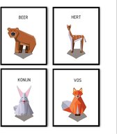 Postercity - Design Canvas Poster set Pixel Beer, Vos, Hert en Konijn / Bos Dieren / Kinderkamer / Dieren Poster / Babykamer - Kinderposter / Babyshower Cadeau / Muurdecoratie / 50 x 40cm