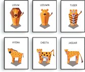 Postercity - Design Canvas Poster set Pixel  Hyena, Jaguar, Leeuw, Leeuwin, Tijger en Cheeta / Safari Dieren / Kinderkamer / Dieren Poster / Babykamer - Kinderposter / Babyshower Cadeau / Muu