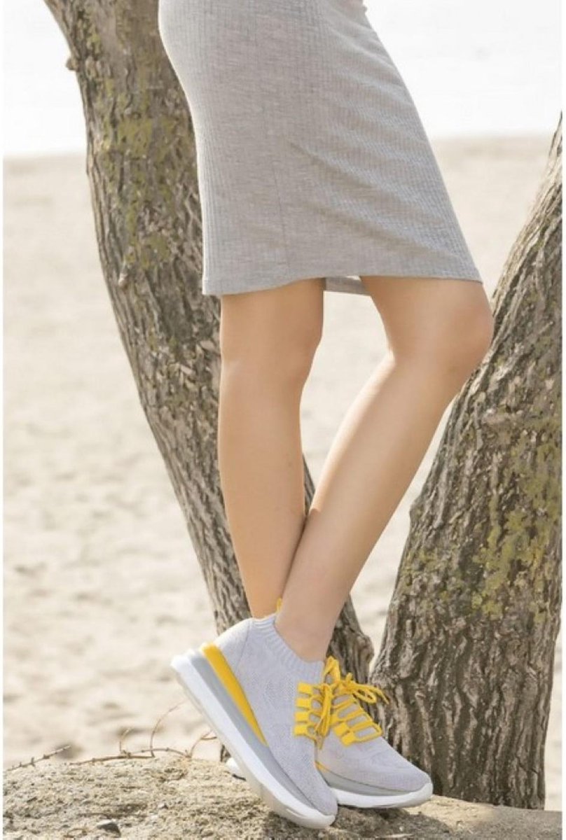 Ewoll Sneakers Dames met hoge zool en elastische sluiting - grijs/geel - Maat 37