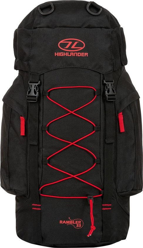 Zwarte Highlander rugzak met rode veters en logo.