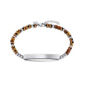 Twice As Nice Armband in edelstaal, ronde tiger eye bolletjes, mat centraal motief  19 cm+3 cm