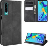 Voor Huawei P30 Retro-skin Business magnetische zuignap Case met houder & kaartsleuven & portemonnee (zwart)