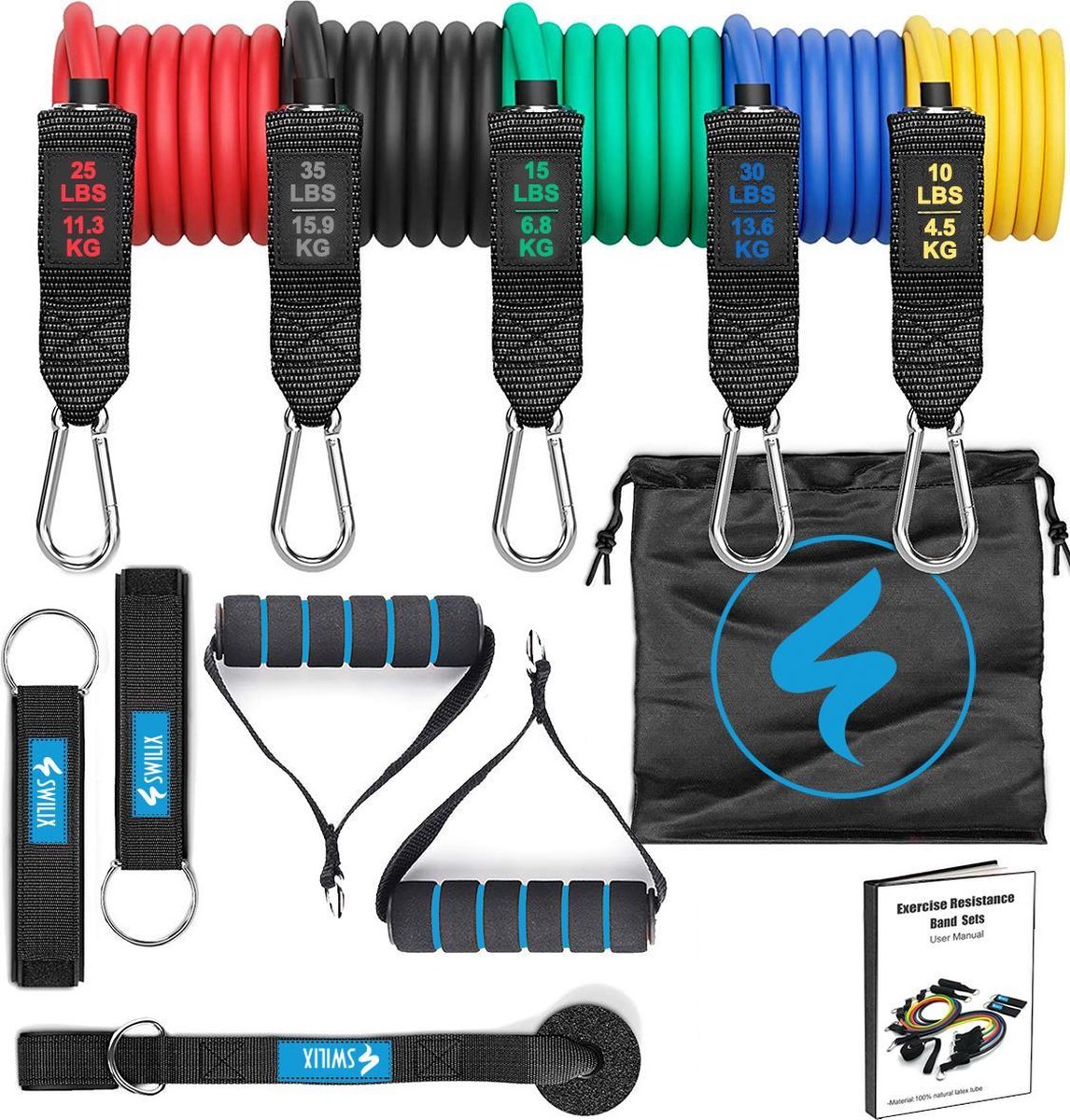 SWILIX - Resistance Band Set - Fitness Elastiek - Weerstandsbanden - Handvaten - Enkelbanden - Dr