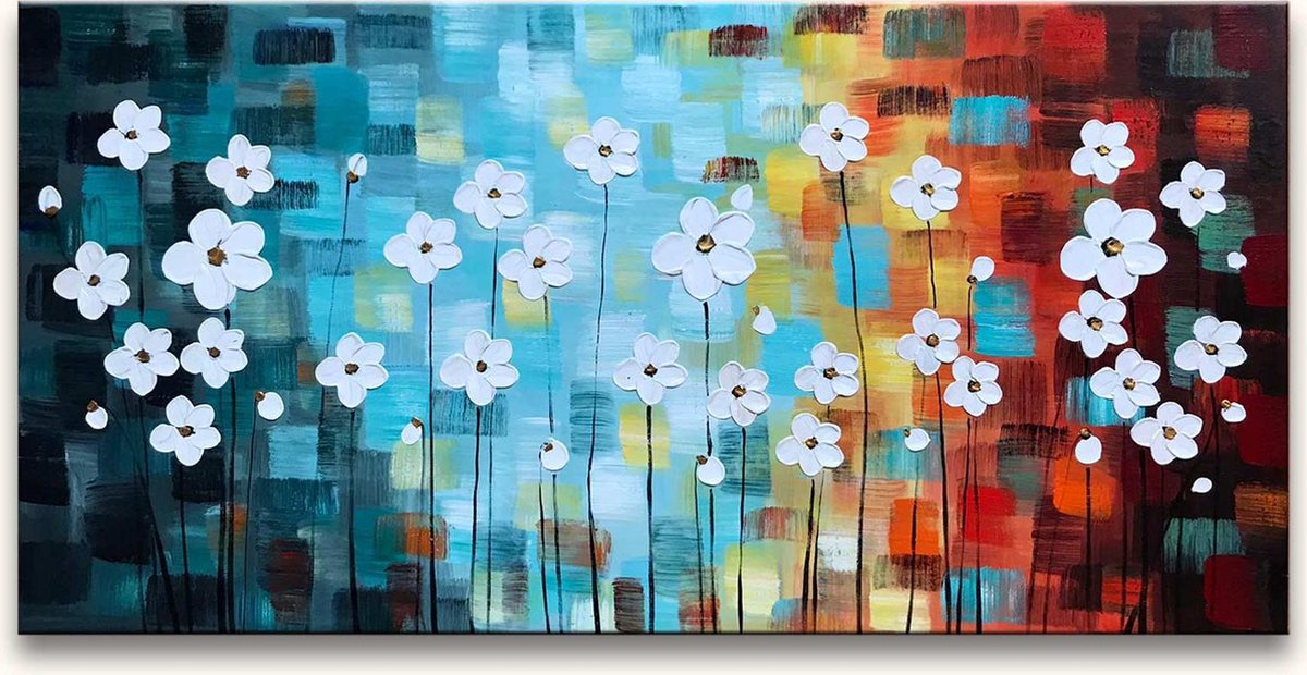 Grootmeesters ® Handgeschilderd schilderij Olieverf op Canvas - Witte Bloementuin wit, bruin, blauw