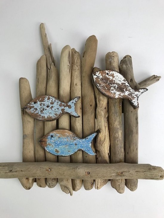 Driftwood met 3 vissen 20x30 cm