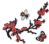 Bloesem Bloemen Vlinder Bij Strijk Embleem Patch Set 15 cm / 37 cm / Rood Zwart