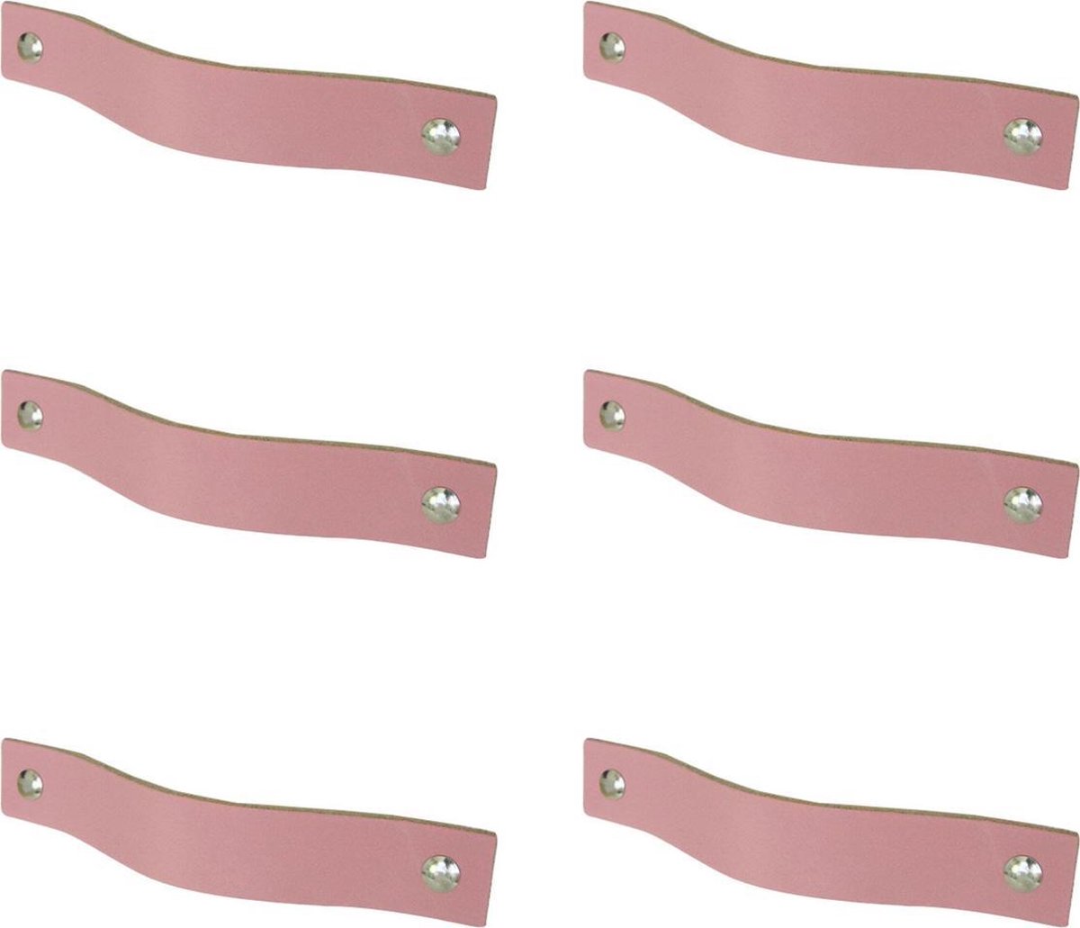 6x Leren handgrepen 'platte greep' - maat S (15,8 x 2,5 cm) - ZACHTROZE - incl. 3 kleuren schroefjes (handgreepjes - leren grepen - greepjes - leren lusjes)