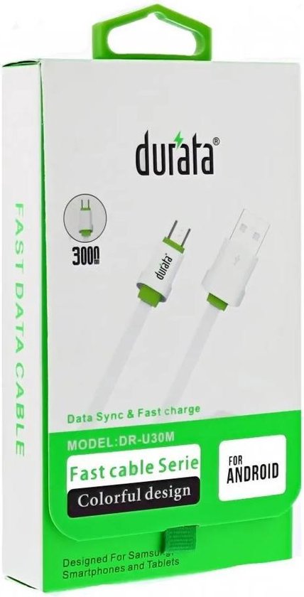 Micro-USB kabels Durata (DR-U30M) Micro USB Kabel Extra lang 3 meter / MicroUSB kabel / Oplaadkabel / Oplaad Kabel voor Samsung / Sony / Huawei / Motorola / Wiko / LG / HTC / Honor / Alcatel