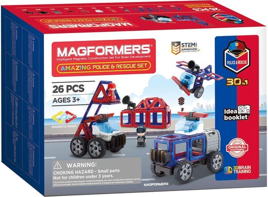 Magformers Amazing Police & Rescue Set doos met 26 magnetische bouwstukken, geschikt vanaf 3 jaar.