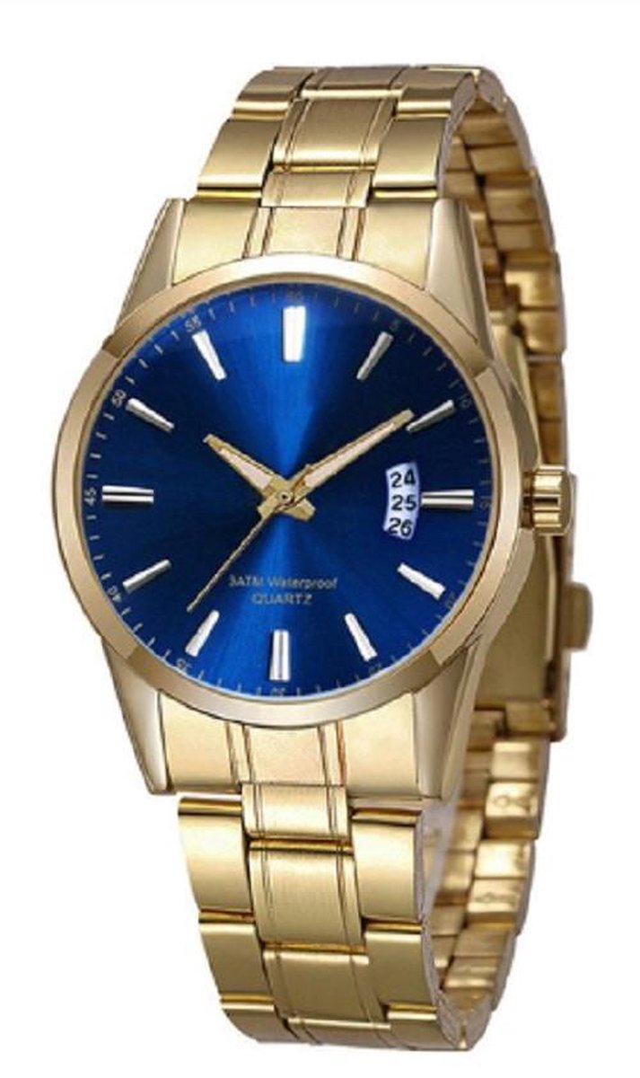 Stijlvol heren horloge - goud- blauw - 40 mm - I-deLuxe verpakking