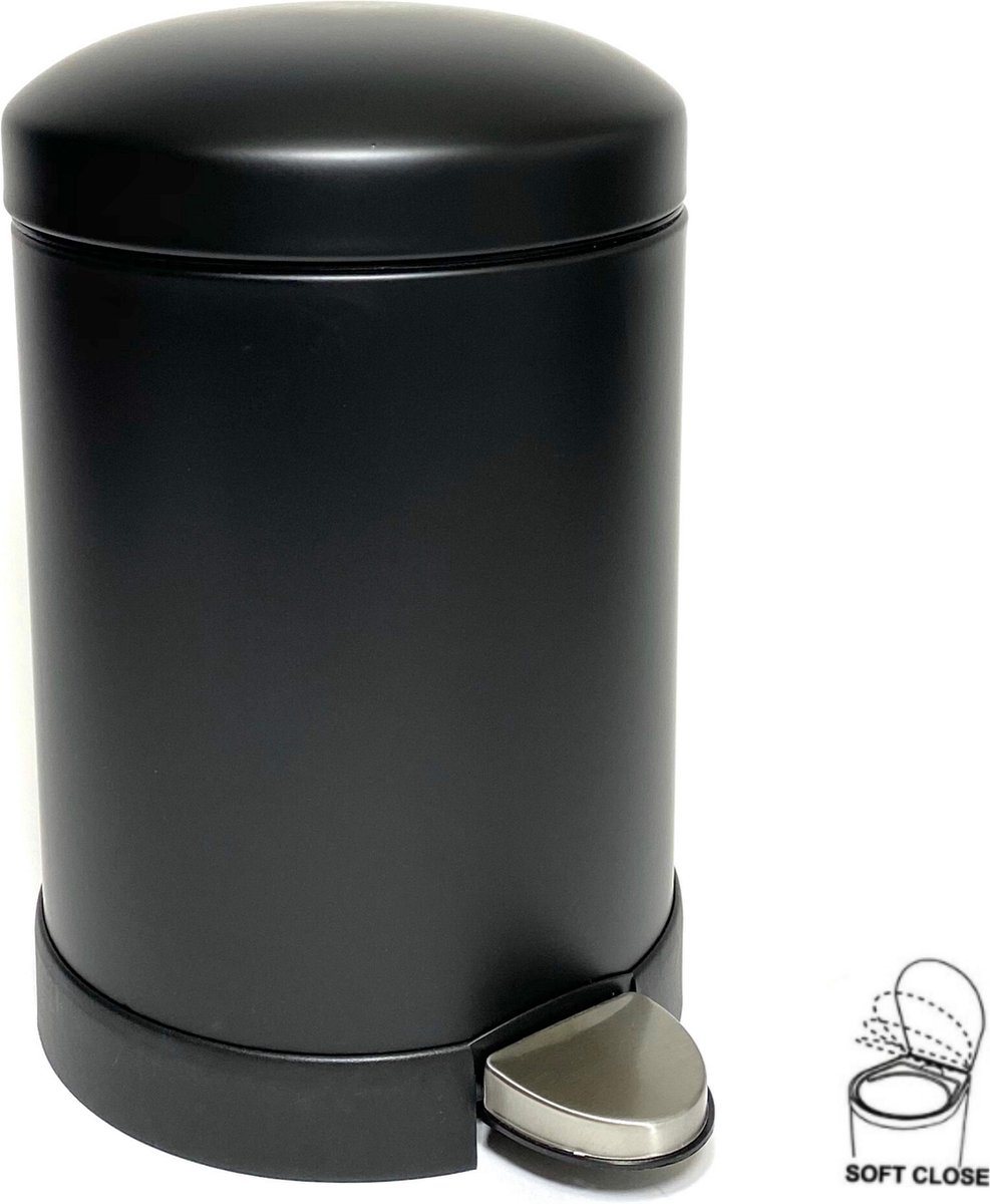 Luxe pedaalemmer zwart softclose - 5 L - Ø21 x 27 cm - badkamer - keuken - kantoor – slaapkamer