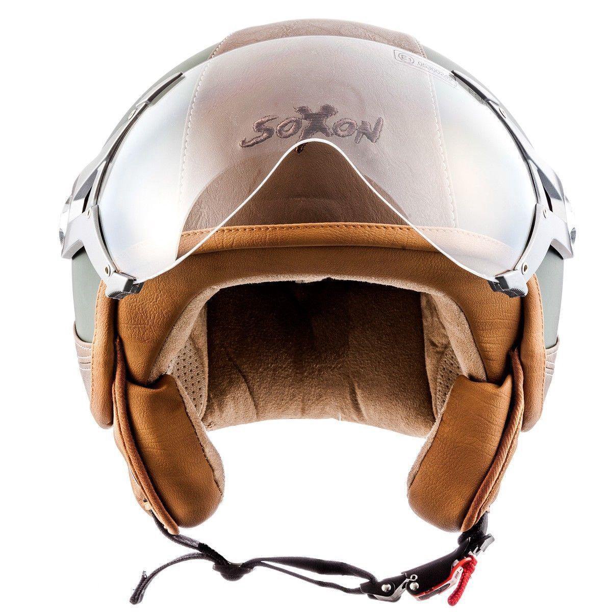 SOXON SP-326 Urban Groen jethelm XL 61-62cm hoofdomtrek, met vizier, motorhelm, scooterhelm, open jet helm voor dames, heren voor motor en scooter