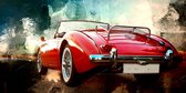 JJ-Art (Aluminium) | Klassieke auto MG, MGA in rood met abstract schilderij als achtergrond | oldtimer, Engeland, jaren 50 – 60 | Foto-Schilderij print op Dibond / Aluminium (metaa
