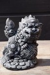 Grijze stenen foo dog tuinbeeld, zittend op sokkel, detail van gezicht en lichaam.