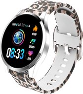 Belesy® BQSiZi1 Panterprint - Limited edition - Smartwatch Dames - Horloge - 1.3 inch - Kleurenscherm - 10x Sporten - INDOOR en OUTDOOR - Zilver - Siliconen