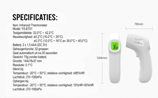 Professionele Infrarood Thermometer met Hoge Nauwkeurigheid – Temperatuur Meter - Medisch –  Koorts - Voorhoofd/Lichaam/Oor – Baby/Kinderen/Volwassenen  – Contactloos – Digitaal – Laser - Setho