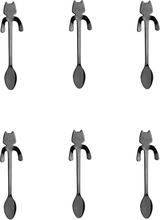 6 Theelepels Hangende Kat - Koffie & Thee - Katten Motief Lepel - Koffielepel - RVS – Zwart
