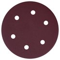 Ronde, rode schuurschijf met klittenbandbevestiging en vijf cirkelvormige gaten.