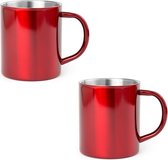 2x Drinkbeker/mok rood 280 ml - RVS - Rode mokken/bekers voor onbijt en lunch