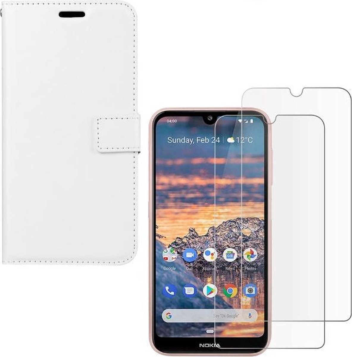 hoesje Geschikt voor: Nokia 2.3 Portemonnee Wit met 2 stuks Glas Screen protector