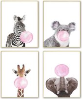 Postercity - Design Canvas Poster Set Zebra Giraffe Koala & Olifant met Roze Kauwgom / Kinderkamer / Dieren Poster / Babykamer - Kinderposter / Babyshower Cadeau / Muurdecoratie /