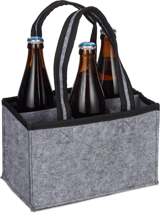 Relaxdays flessentas vilt - 6 flessen - flessendrager - biertas - handtas voor flessen - antraciet