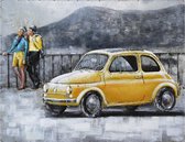 3D art Metaalschilderij - Fiat 500 geel - handgeschilderd - 80 x 60 cm