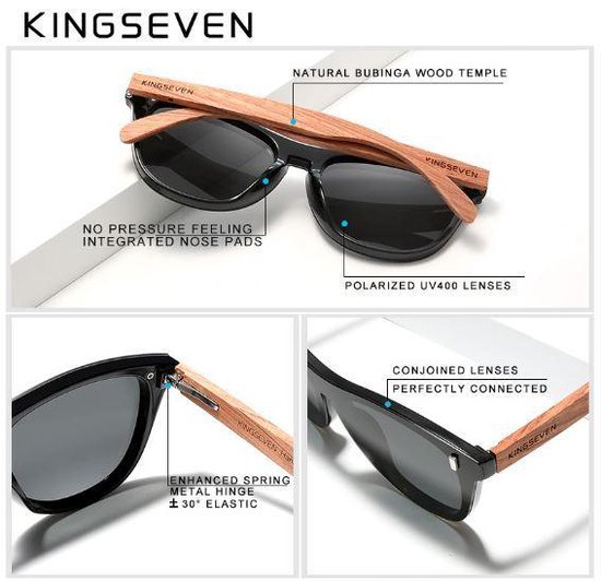 KINGSEVEN zonnebril met natuurlijke bubinga houten pootjes, zwart montuur, geïntegreerde neuspads en gepolariseerde UV400 glazen.
