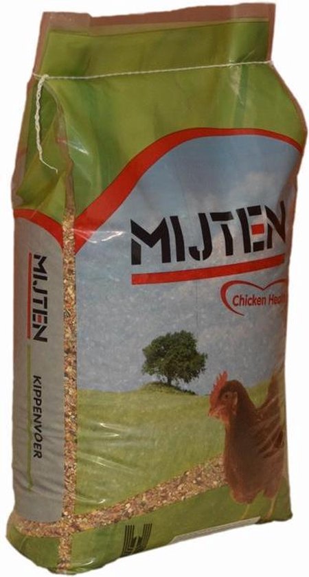 Zak kippenvoer van Mijten, met afbeelding van een landschap en een kip.