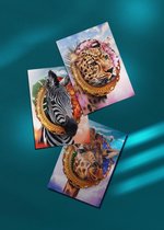 Set Postcards “Can’t Be Framed” | Postkaarten, wenskaarten | A6 | 10,5 x 14,8 cm | Dierenhoofden met goud en bloemen | Giraffe | Zebra | Luipaard