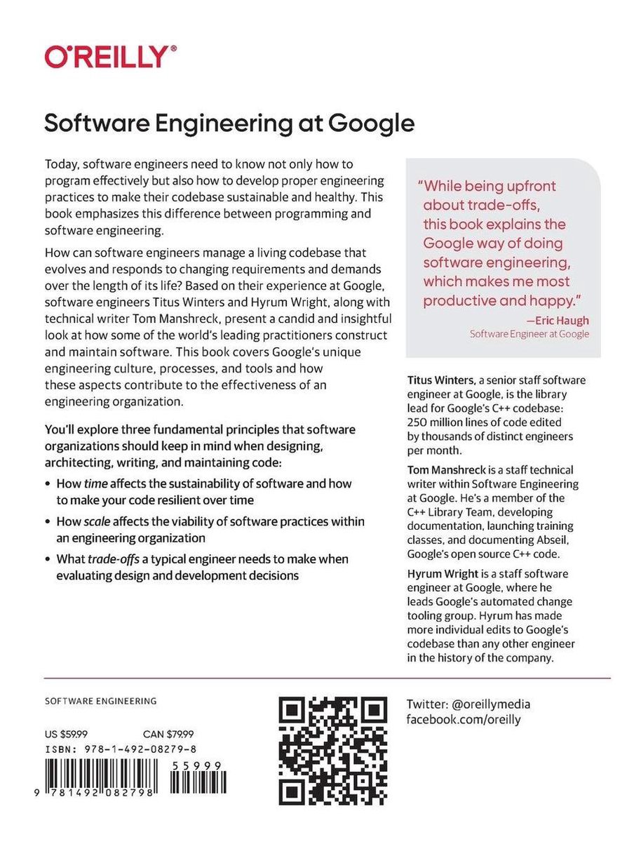 Omslag van het boek 'Software Engineering at Google' met tekst over software-engineering en een citaat van Eric Haugh.