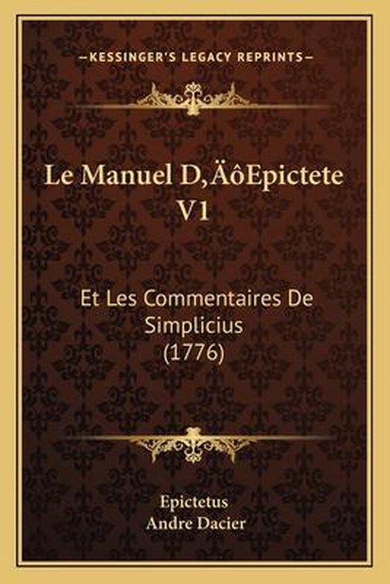 Klassiek boek met een bruin patroon, titel 'Le Manuel D'Epictete V1' en tekst over Simplicius.