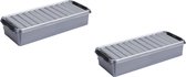 2x stuks opberg boxen/opbergdozen 6,5 liter metallic/zwart 48,5 x 19 x 10,5 cm - kunststof - Praktische langwerpige opslagboxen