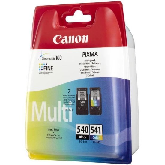 Canon Pixma multipack met 2 inktcartridges: PG-540 Zwart en CL-541 Kleur. "ChromaLife 100" FINE inkt.