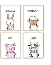 Postercity - Canvas Poster set Blije Konijn Schaap Big Koe met Tekst / Boerderij Dieren / Kinderkamer / Dieren Poster / Babykamer - Kinderposter / Babyshower Cadeau / Muurdecoratie / 30 x 21c