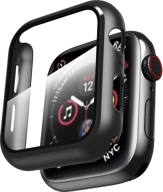 HB Glas Geschikt Apple Watch Series 4 (42mm) Screenprotector Zwart - Tempered Glass met Behuizing