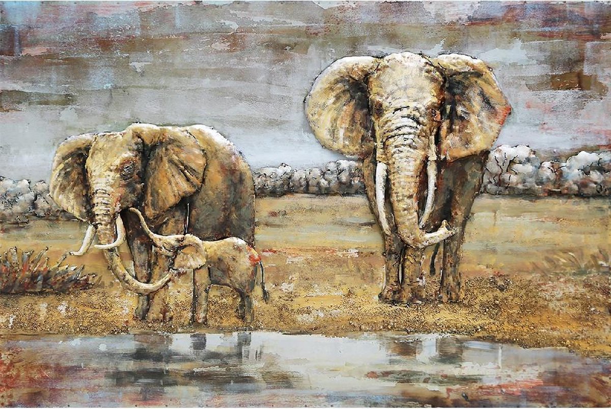 3D Metaalschilderij - Olifanten - 120 x 3 x 80 cm