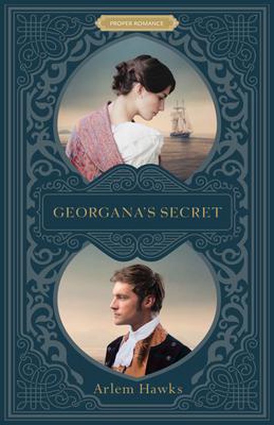 Boekcover met een vrouw in roze sjaal boven en een man in historisch kostuum onder. Titel: Georgana's Secret.