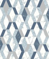 Hexagone ruit grafisch wi/blw/zilver effen (vliesbehang, blauw)