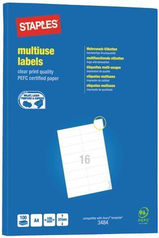 OFFICE products etiketten, wit, rechte hoeken, 100 vel, 105 x 37 mm, 16