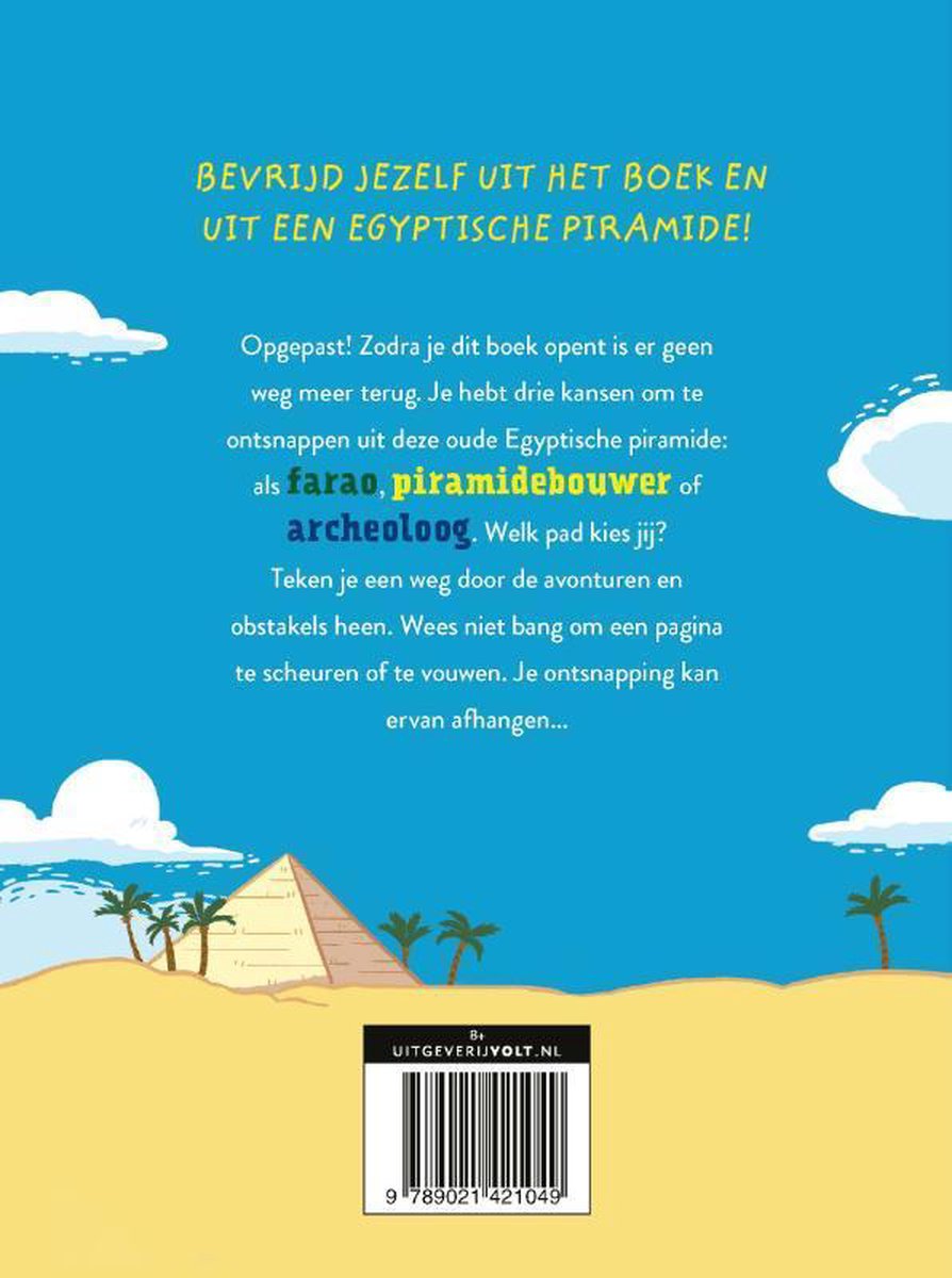 Bevrijd jezelf uit het boek en uit een Egyptische piramide! Een illustratie van piramides en palmbomen onder een blauwe hemel.