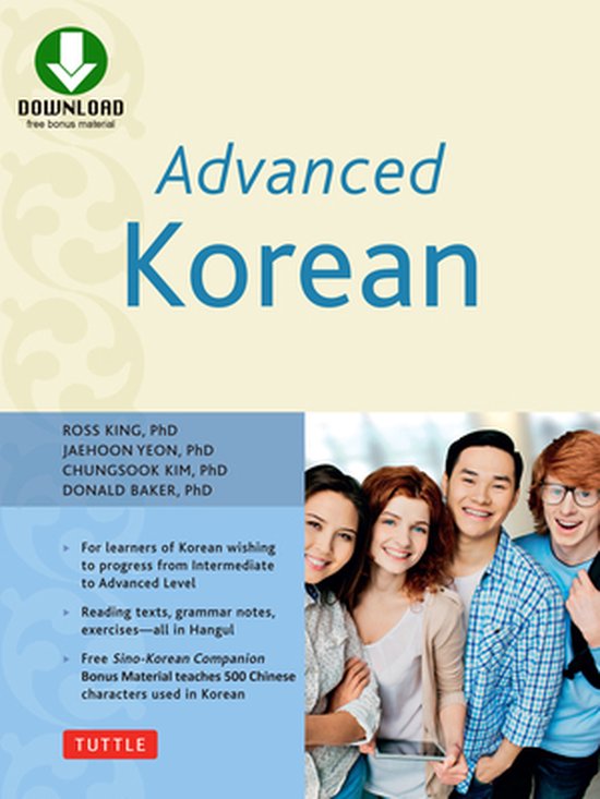 Boek "Advanced Korean" met op de voorgrond vier lachende studenten, twee vrouwen en twee mannen.