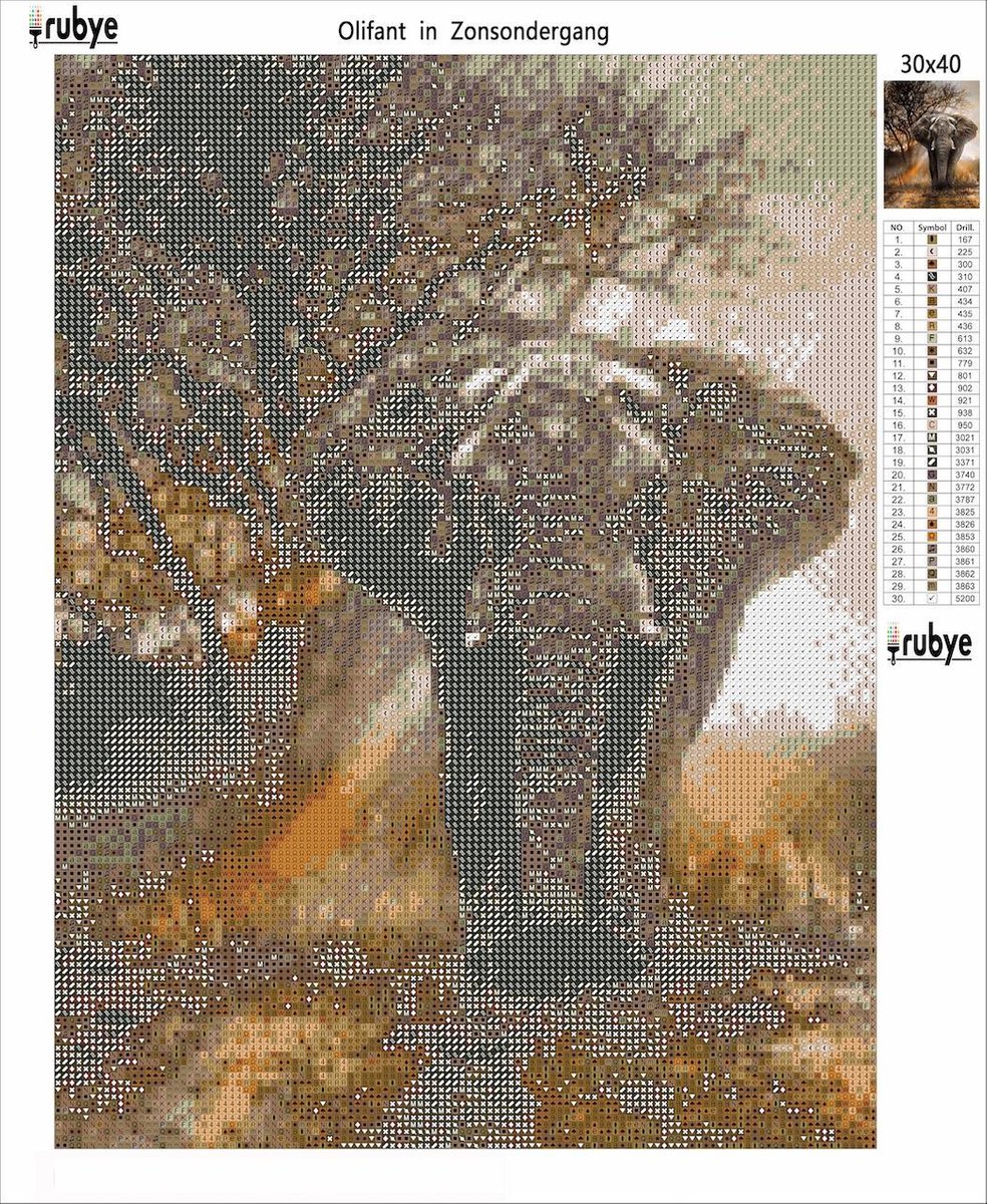 Rubye® Diamond Painting Volwassenen - Diamond Painting Kinderen - Olifant - 30x40cm — afbeelding 9