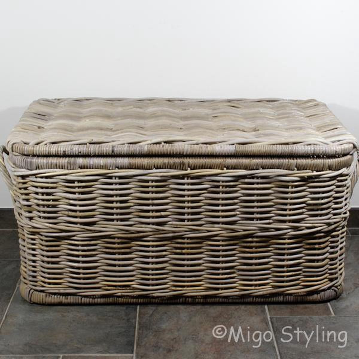 Opbergmand-Met deksel-85x48xH42-Rechthoek-Hengsels-Riet-Rotan