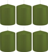 6x Olijfgroene cilinderkaarsen/stompkaarsen 6 x 8 cm 29 branduren - Geurloze kaarsen olijf groen - Woondecoraties
